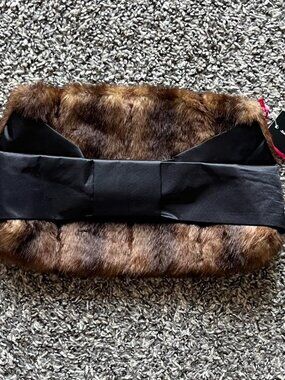 International Concepts Brown Faux Mink Fur Clutch Black Ribbon Luxury Chic Glam